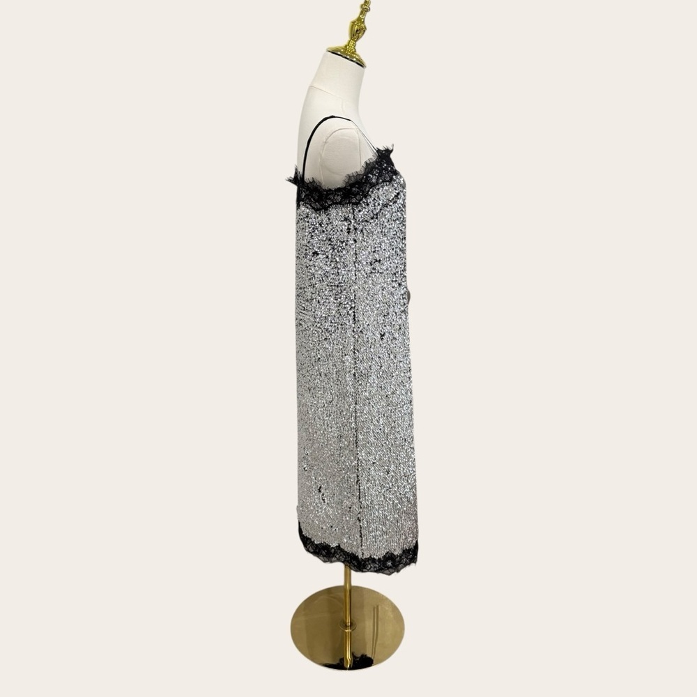 Gianni Bini Lilly Sisto Allegra Silver Sequin Dress Lace Trim Square Neck Party - Picture 9 of 16